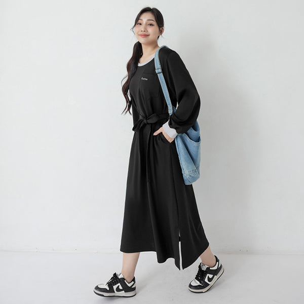 Cute Round Neck Colorblock Embroidered Plus Size Maxi Dress (With Tie)
