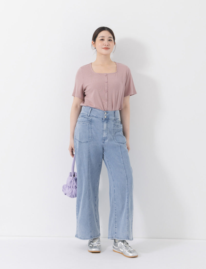 Tencel Ribbed Faux Button Square Neck Plus Size Top
