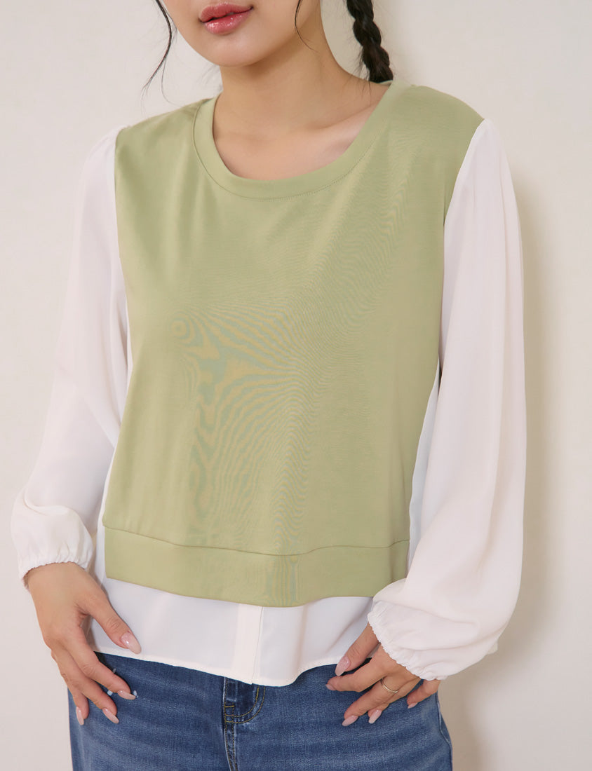 Crewneck Puff Sleeve Faux Two Piece Plus Size Long Sleeve Top