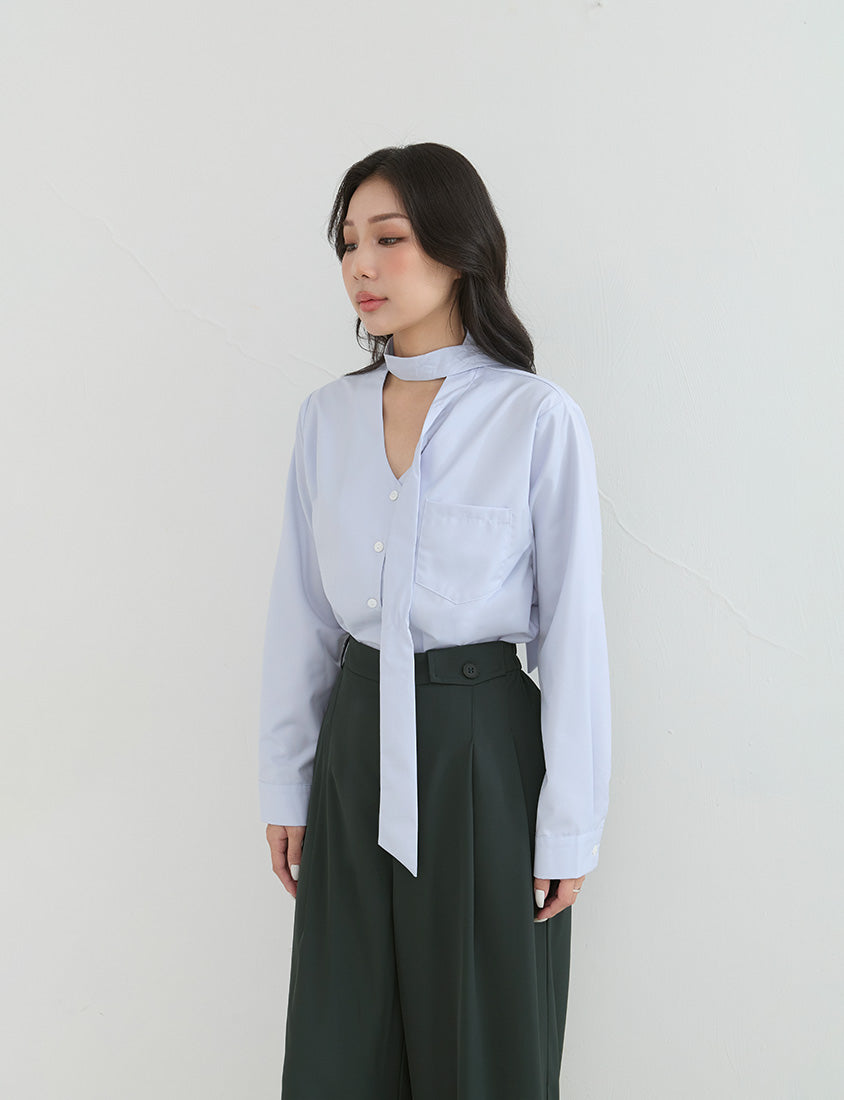 Korean Style Tie Neck Long Sleeve Plus Size Blouse
