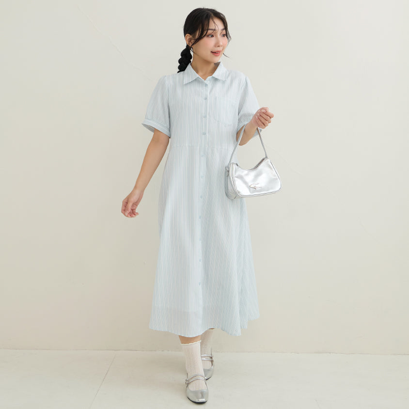 Japanese Contrast Stripe Shirt Collar Plus Size Maxi Dress
