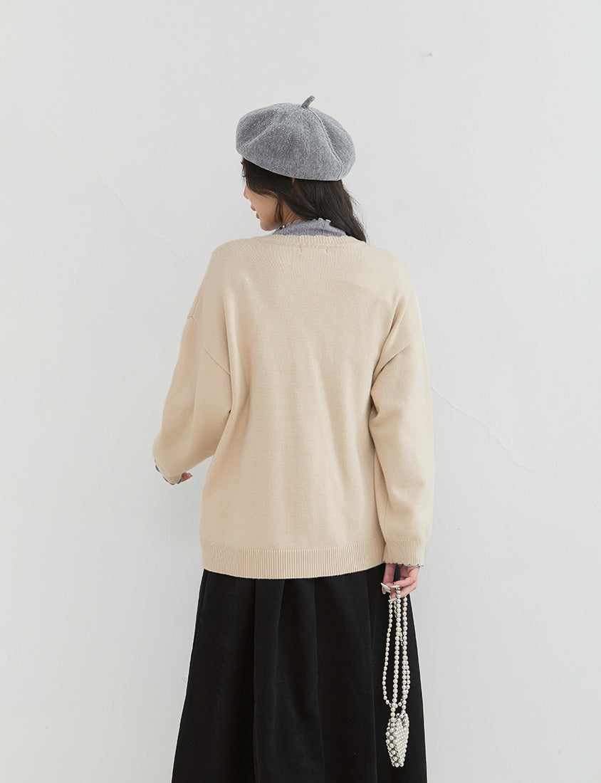 Cute Lettuce Trim V-Neck Knit Plus Size Cardigan