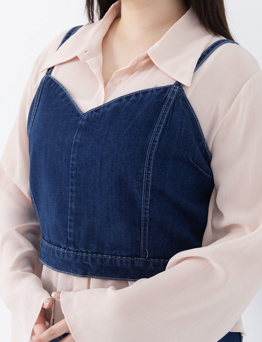 Sweetheart Neck Cross Tie Plus Size Denim Vest