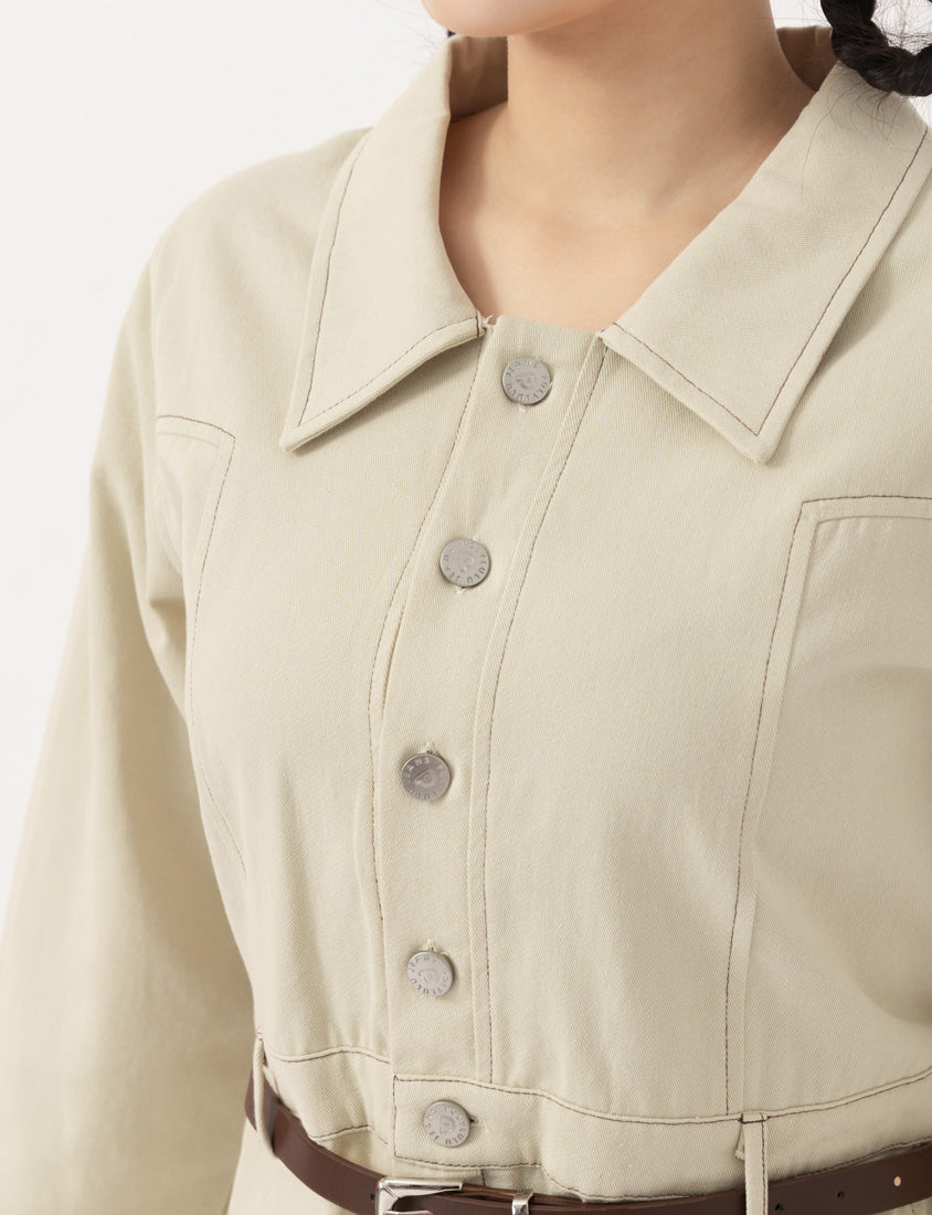 Twill Colorblock Topstitched Button-Up Plus Size Mini Dress (With Belt)
