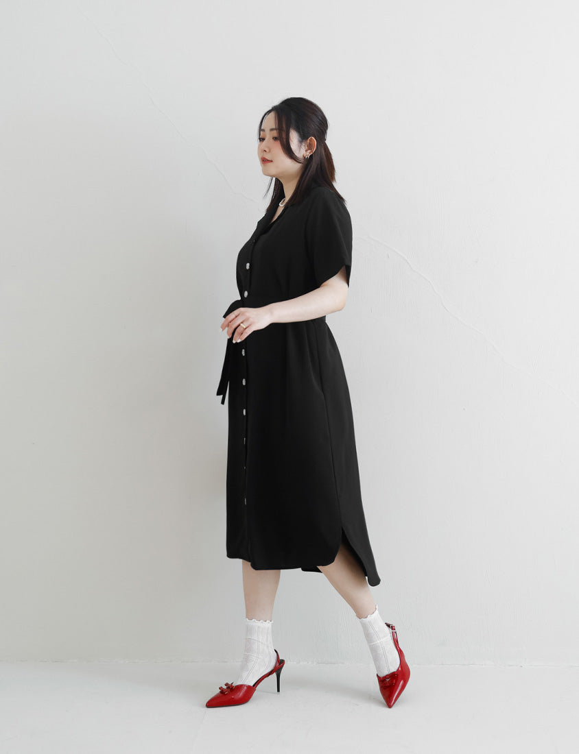 MISS. Cuban Collar Chiffon Button Short Sleeve Dress (with Waist-Tie )