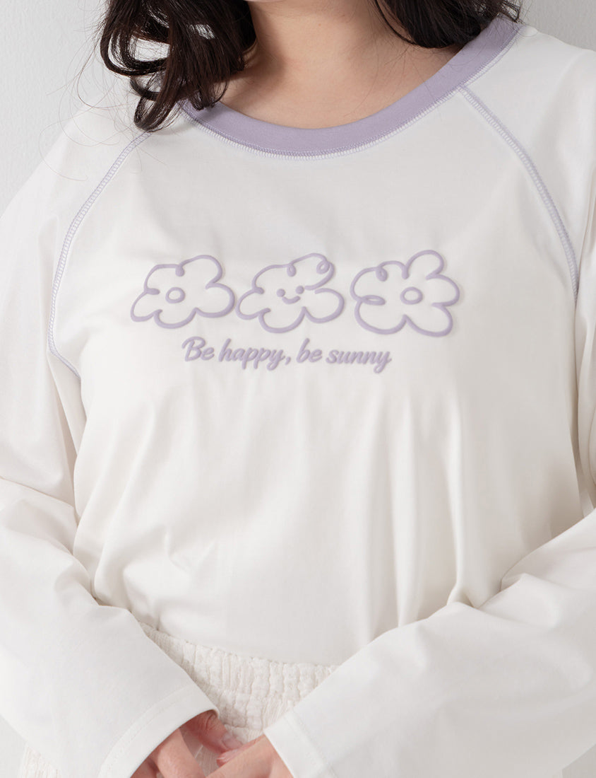 Contrast Floral Puff Print Long-Sleeve Plus Size Tee