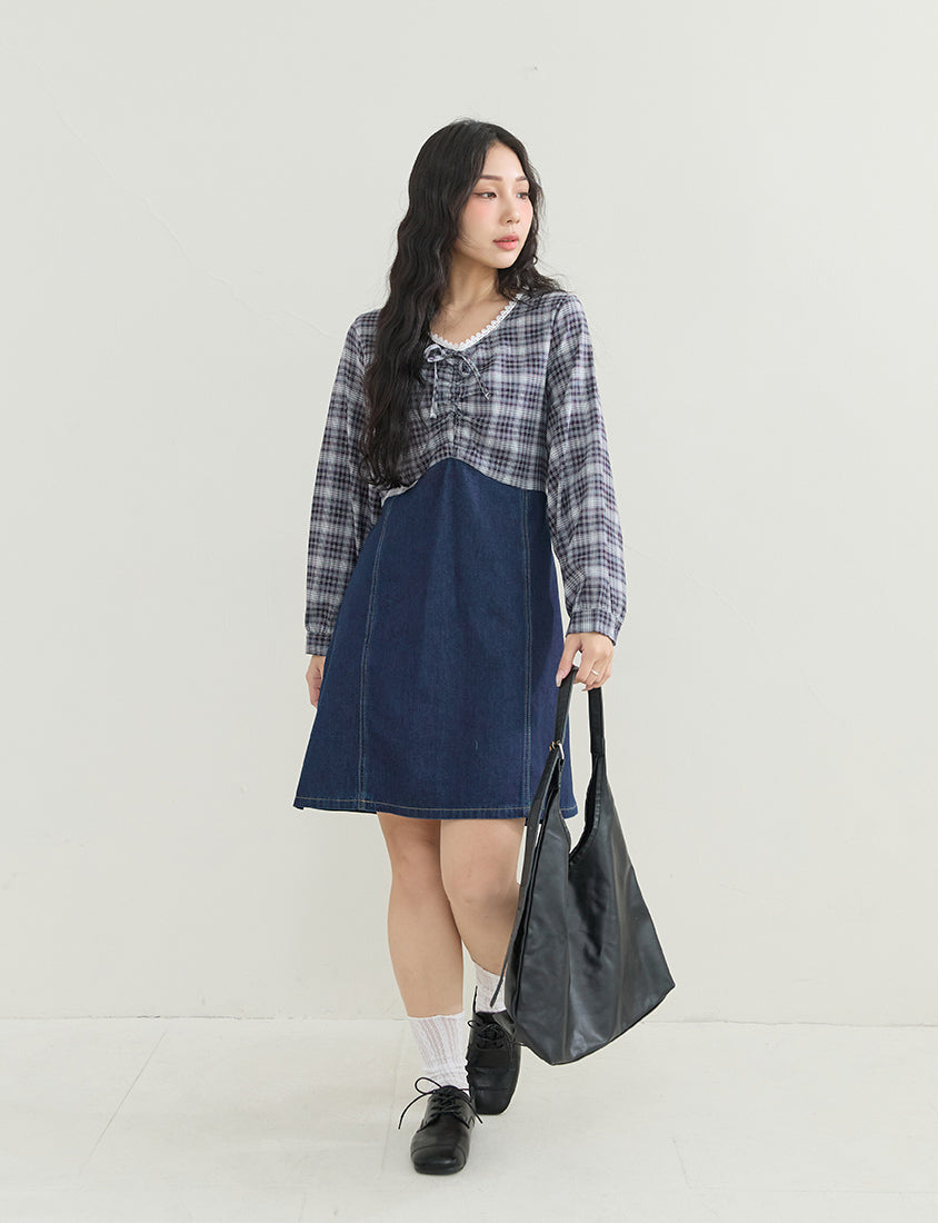 Vintage Plaid Faux Two-Piece Denim Plus Size Mini Dress