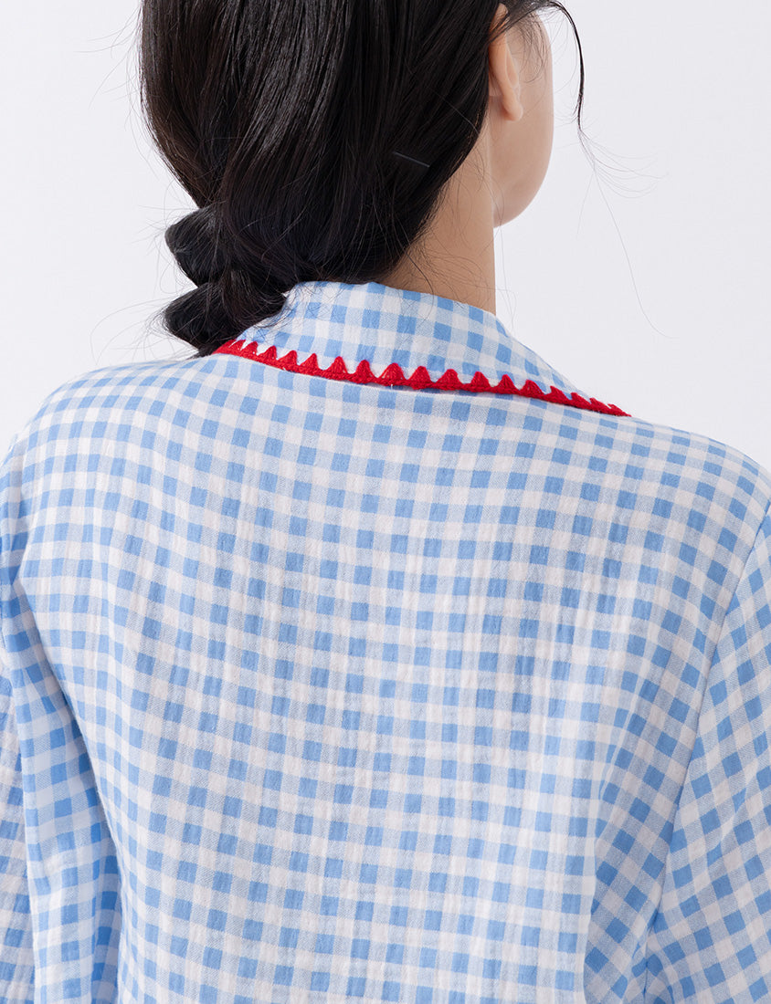 Skin-Friendly Gingham Contrast Frill Casual Plus Size Shirt