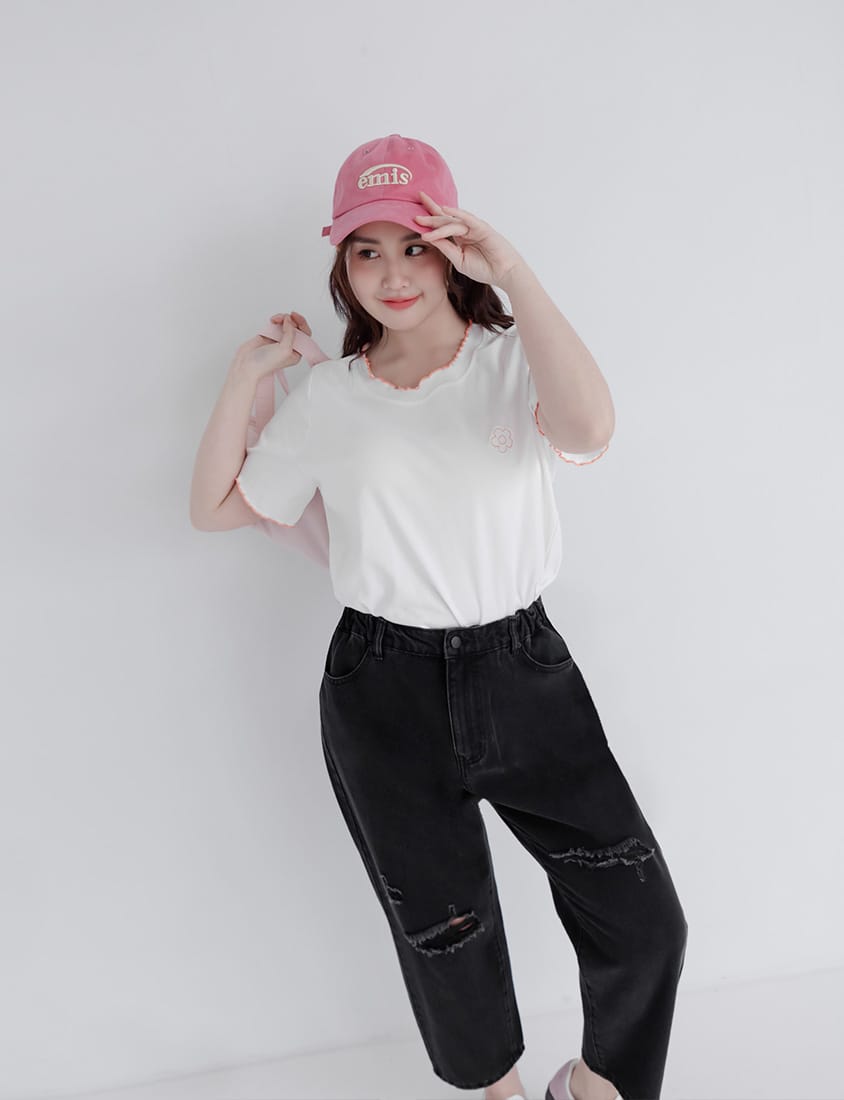 Distressed Side Elastic Waist Plus Size Boyfriend Jeans