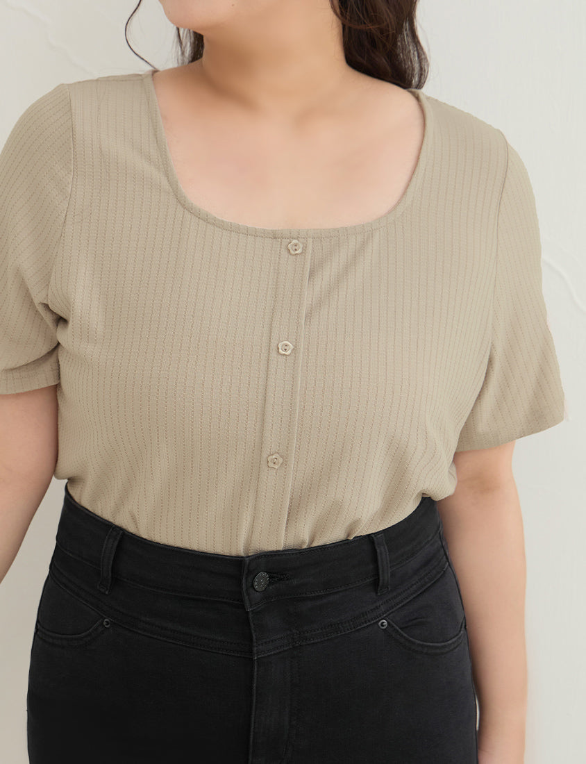 Square Neck Floral Faux Button Waffle Plus Size Top