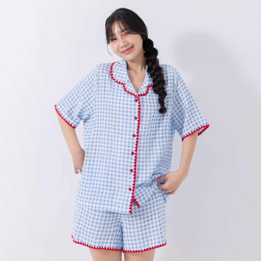 Skin-Friendly Gingham Contrast Frill Casual Plus Size Shirt