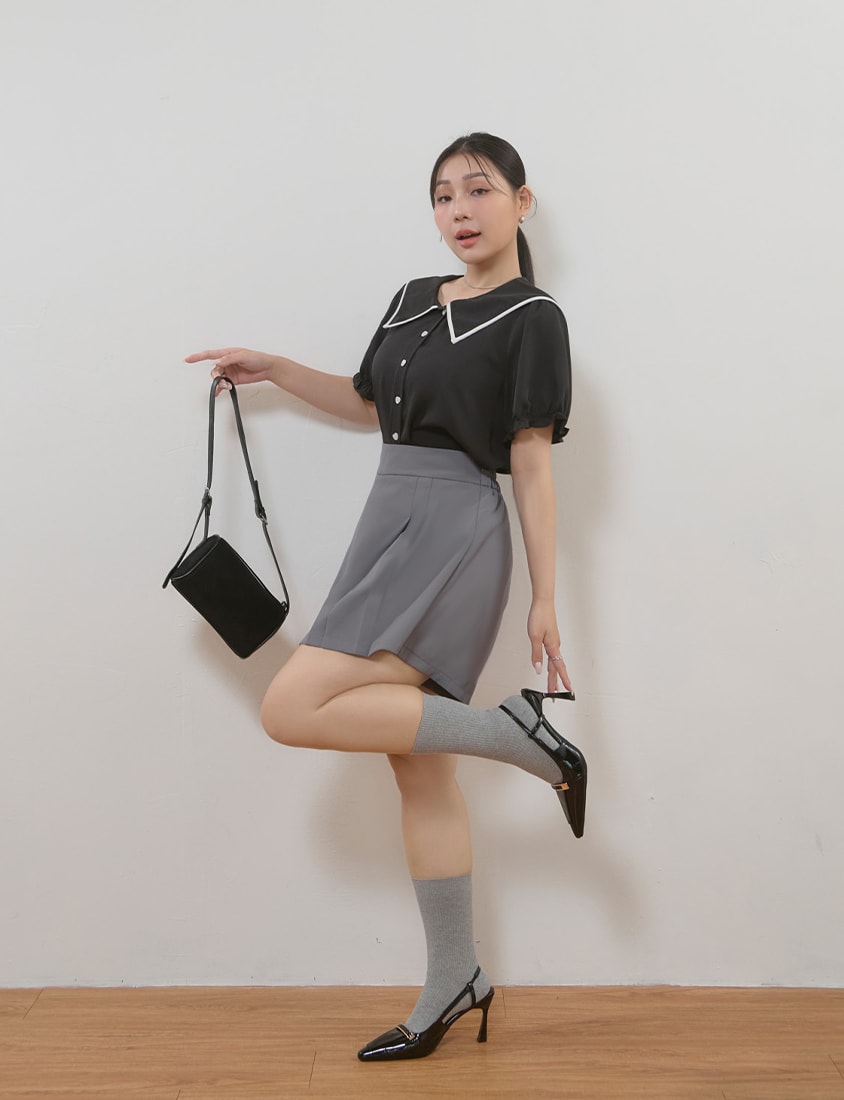 MISS. Contrast Doll Collar Heart Button Plus Size Shirt