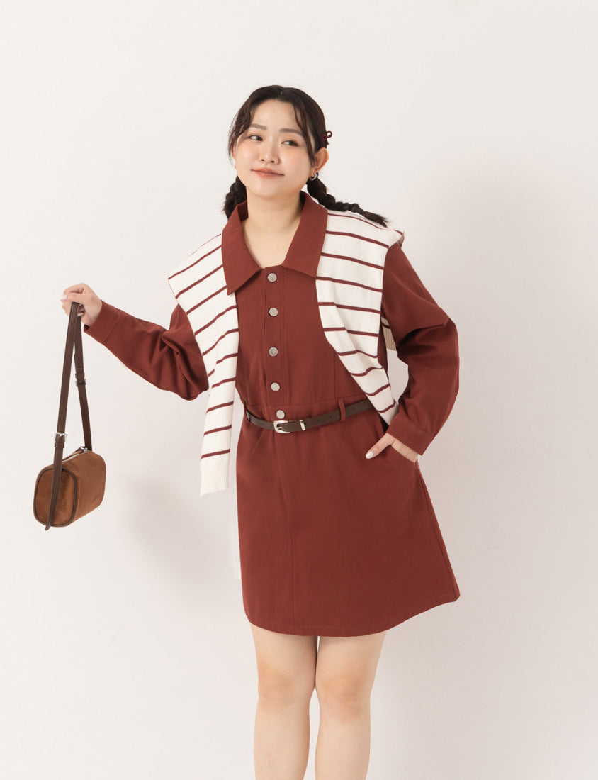 Twill Colorblock Topstitched Button-Up Plus Size Mini Dress (With Belt)