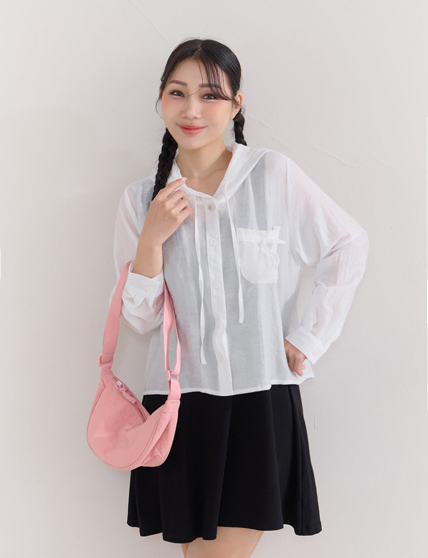 Cute Bow Pocket Sheer Hooded Plus Size Jacket