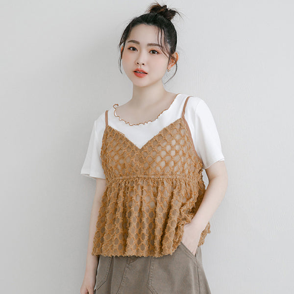 Two-Piece Japanese-Style Color-Block Plus Size Top Set