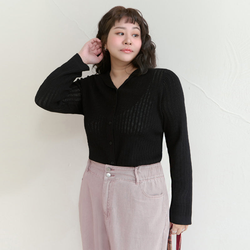 Openwork Knit Hooded Button-Up Plus Size Long Sleeve Cardigan