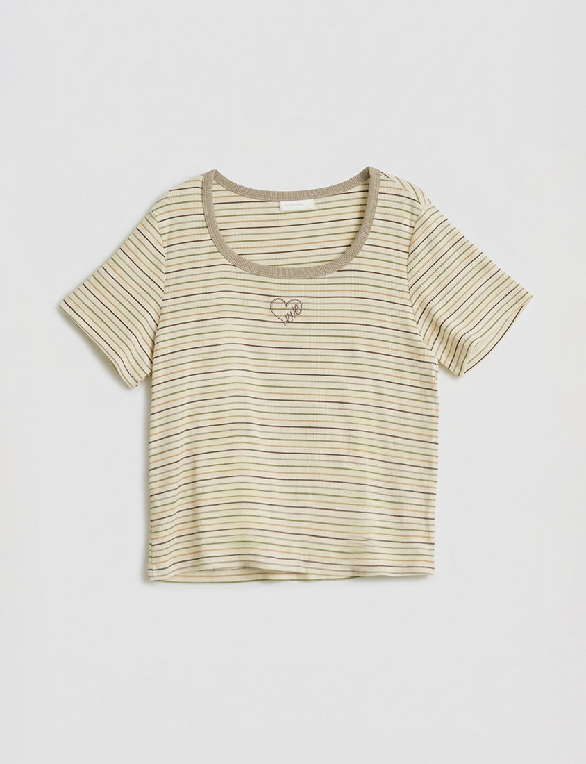 Heart Embroidered Contrast Stripe Plus Size Tee