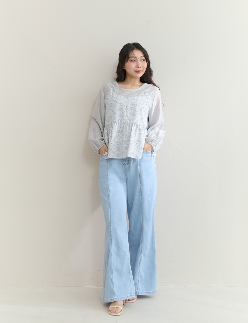Floral Faux Two Piece Sheer Plus Size Long Sleeve Top