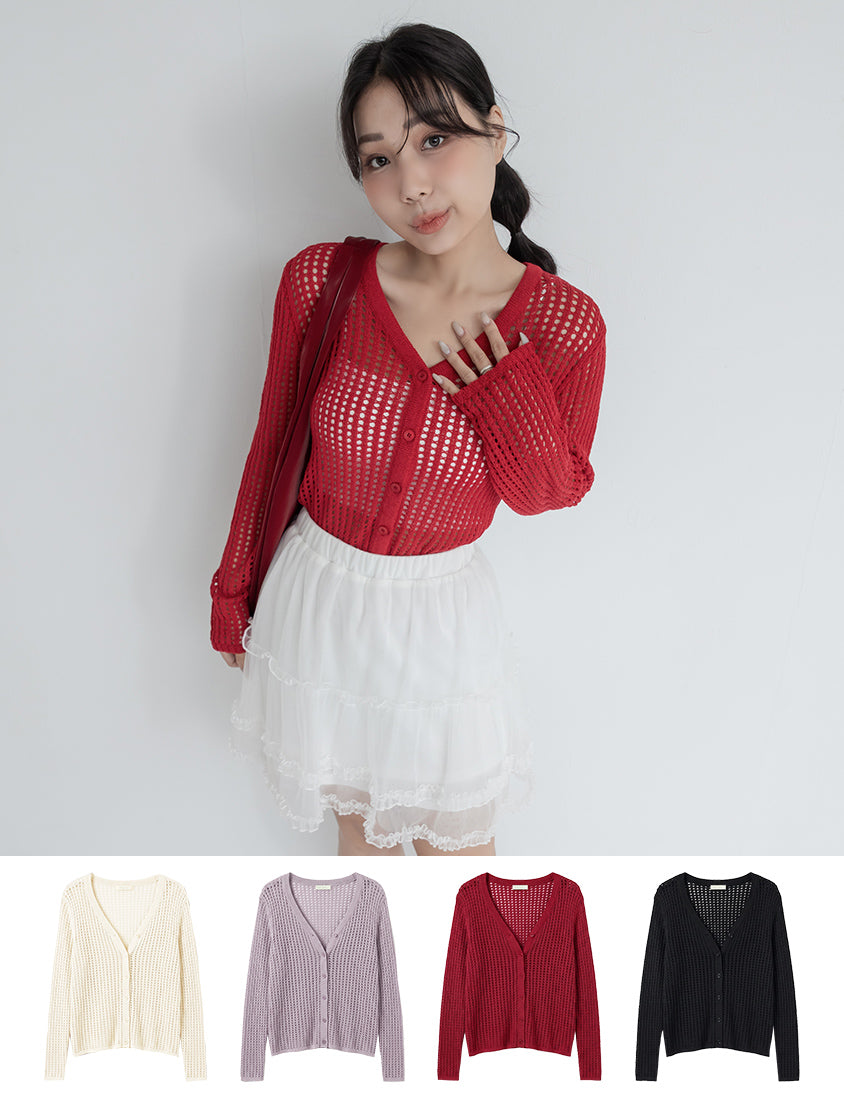V-Neck Ice Silk Openwork Knit Plus Size Cardigan