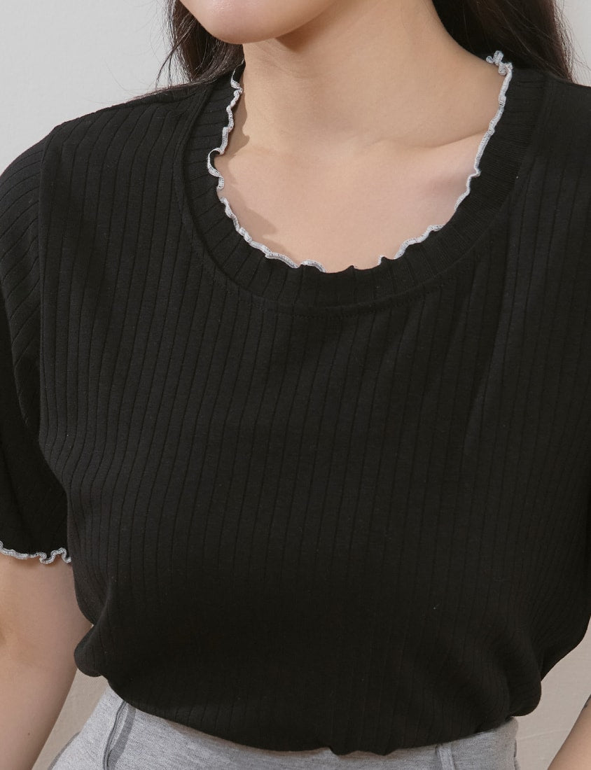 Cute Ruffle Trim Ribbed Plus Size Top