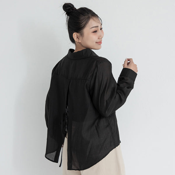 Tencel Silky Sheer Back Slit Tie-Front Plus Size Shirt