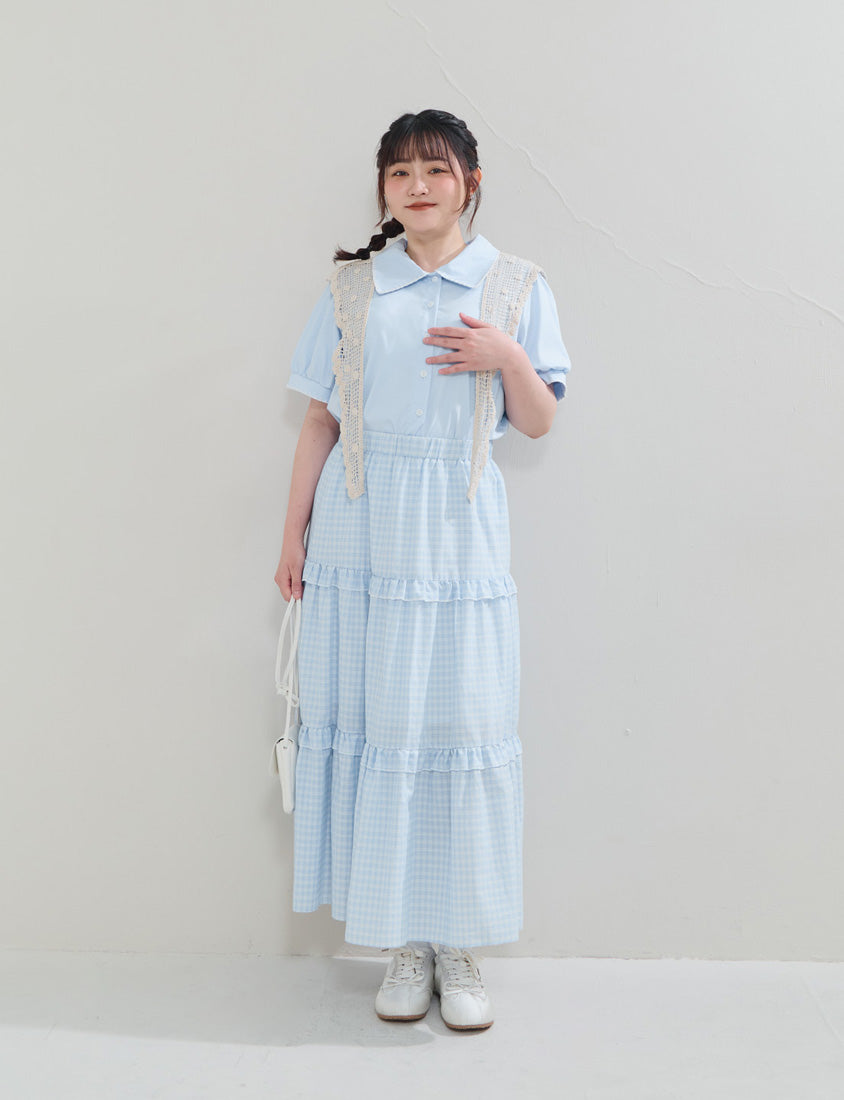 Contrast Embroidered Lace Puff Sleeve Plus Size Shirt
