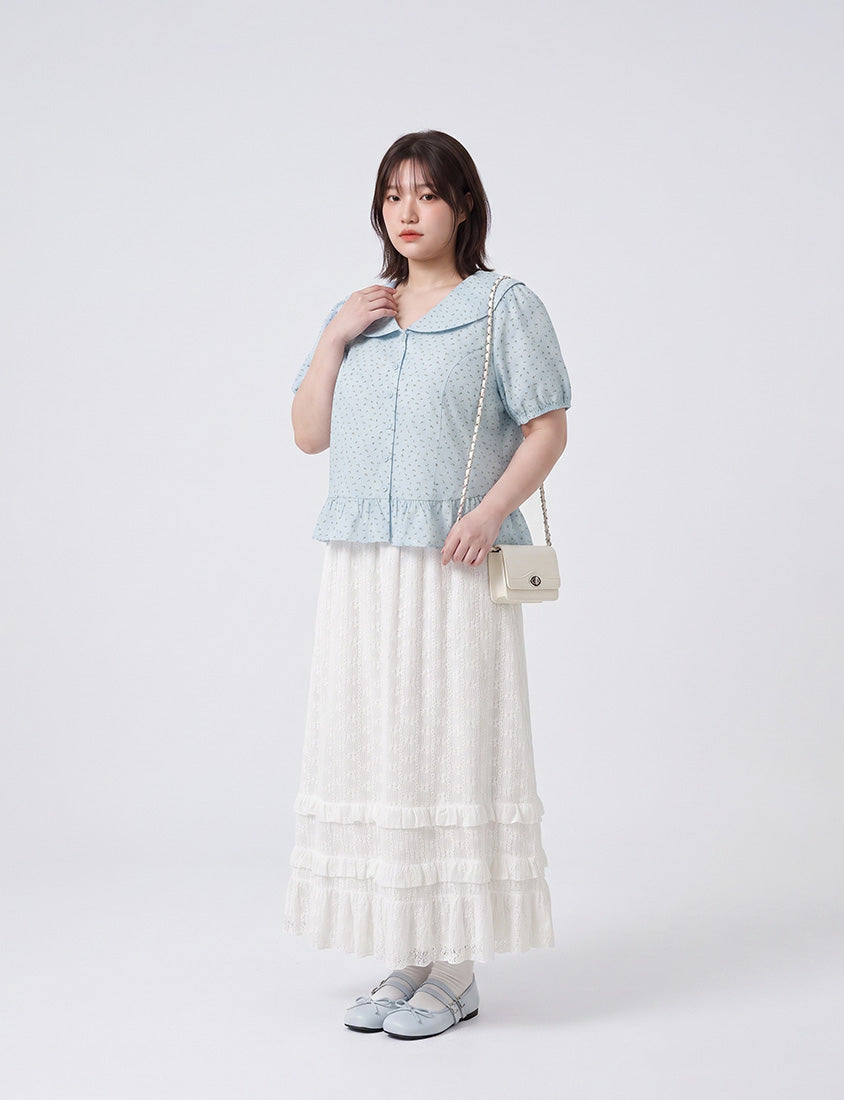 Fresh Floral Collared Cinched Waist Plus Size Blouse