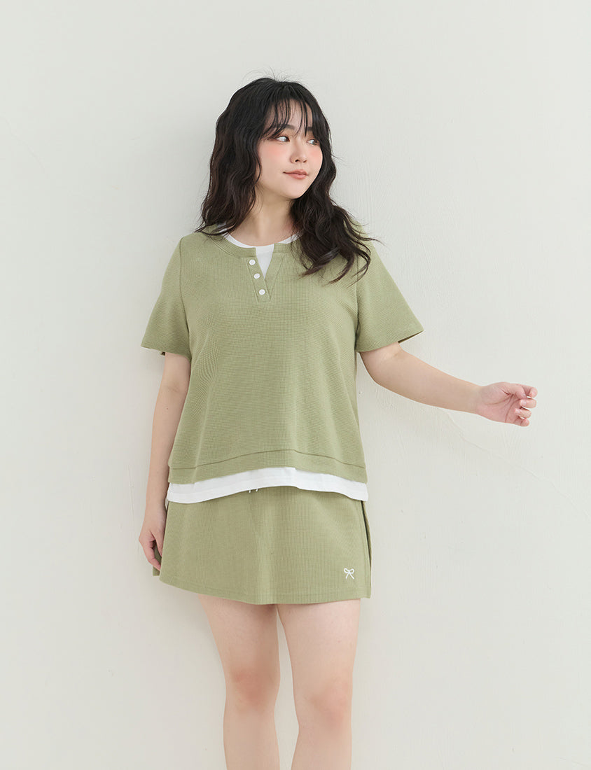 Waffle Knit Faux Two-Piece Plus Size Top