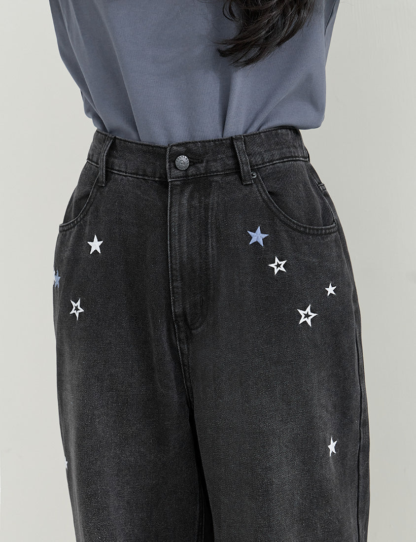 Star Embroidered Denim Plus Size Wide Leg Jeans