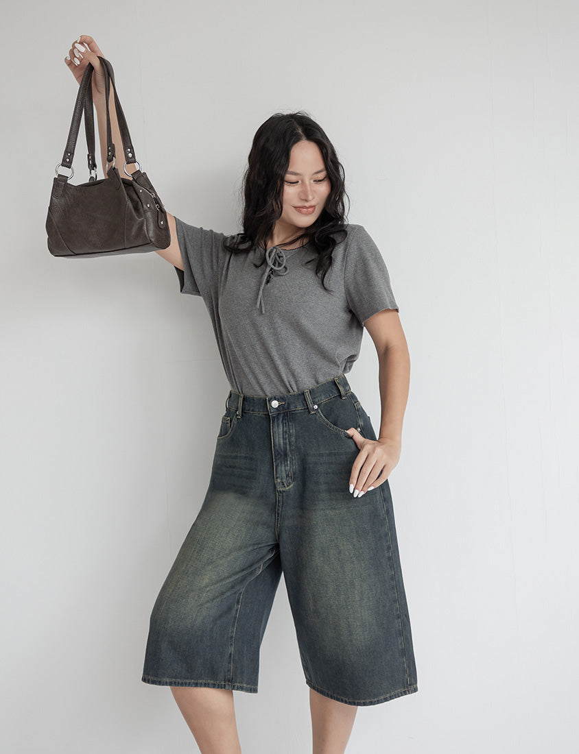 Korean Style Vintage Washed Plus Size Cropped Jeans
