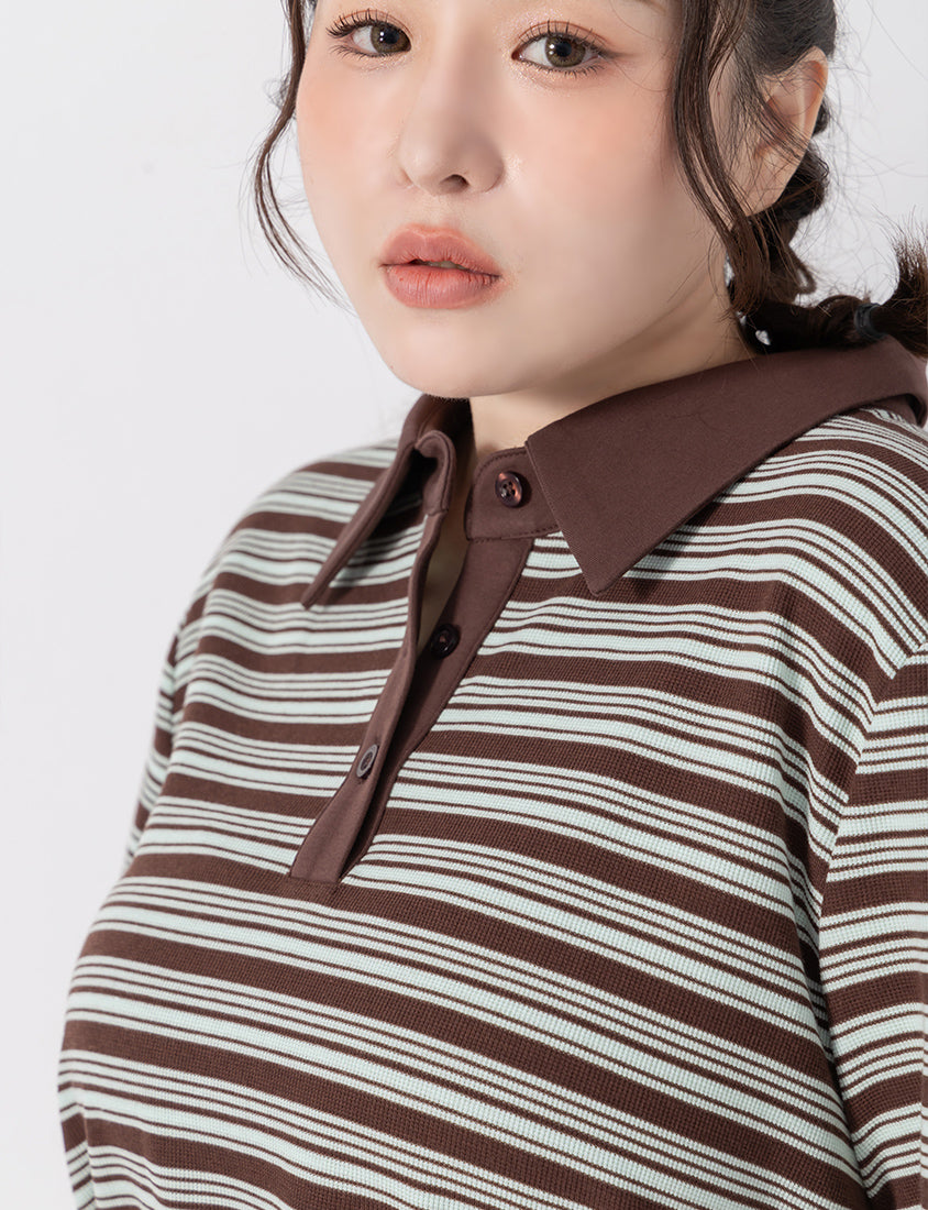 Youthful Contrast Stripe Polo Plus Size Top