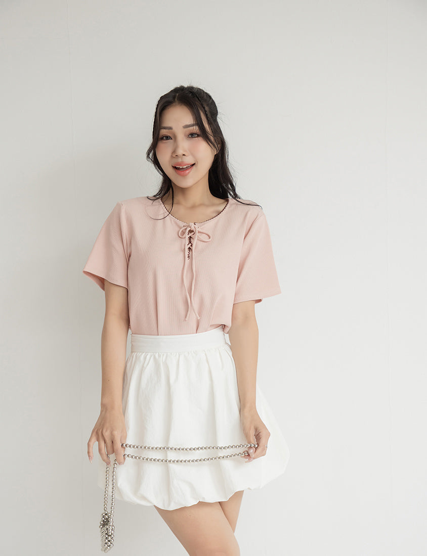 Ruffle Trim Ribbed Tie Front Short Sleeve Plus Size Top