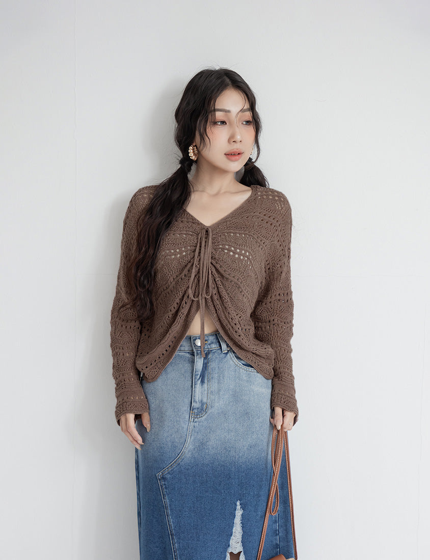MUA! Lace Openwork Drawstring Knit Plus Size Top