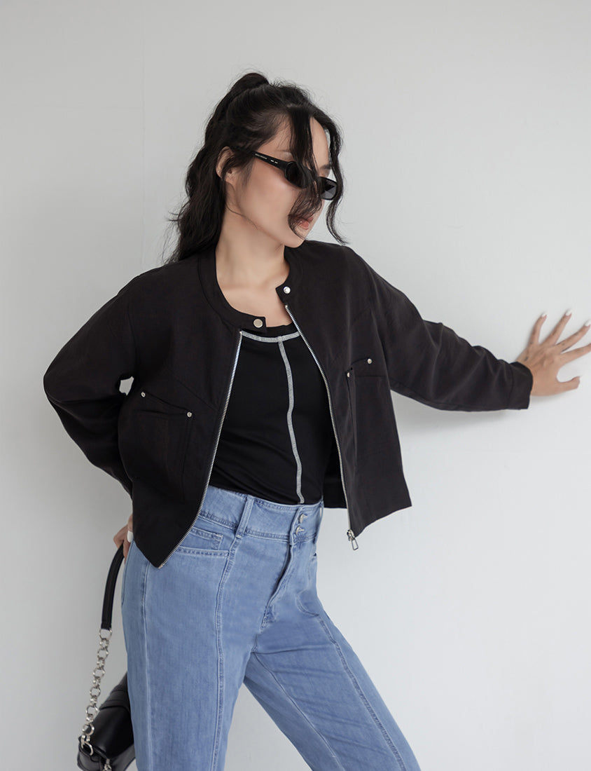 MUA! Lyocell Linen Contrast Stitch Plus Size Moto Jacket
