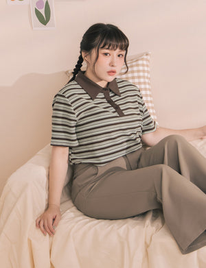 Youthful Contrast Stripe Polo Plus Size Top