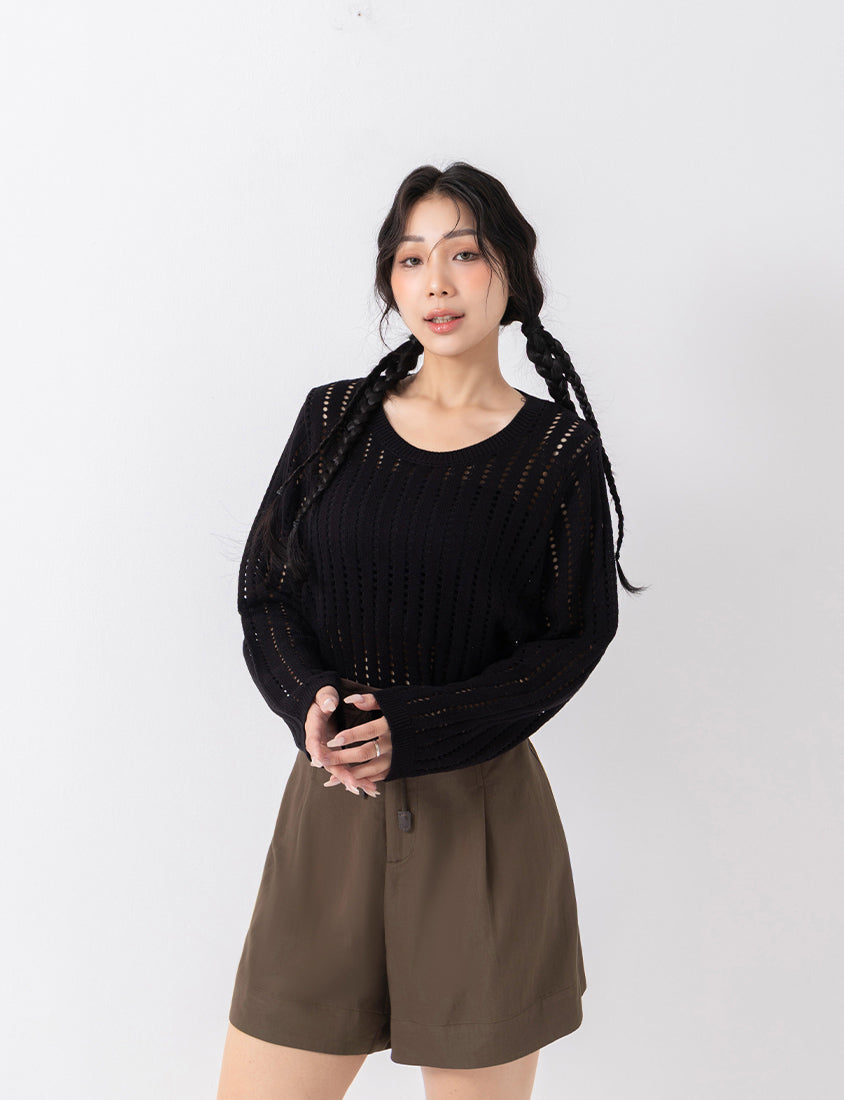 Crew Neck Openwork Ribbed Knit Long Sleeve Plus Size Top