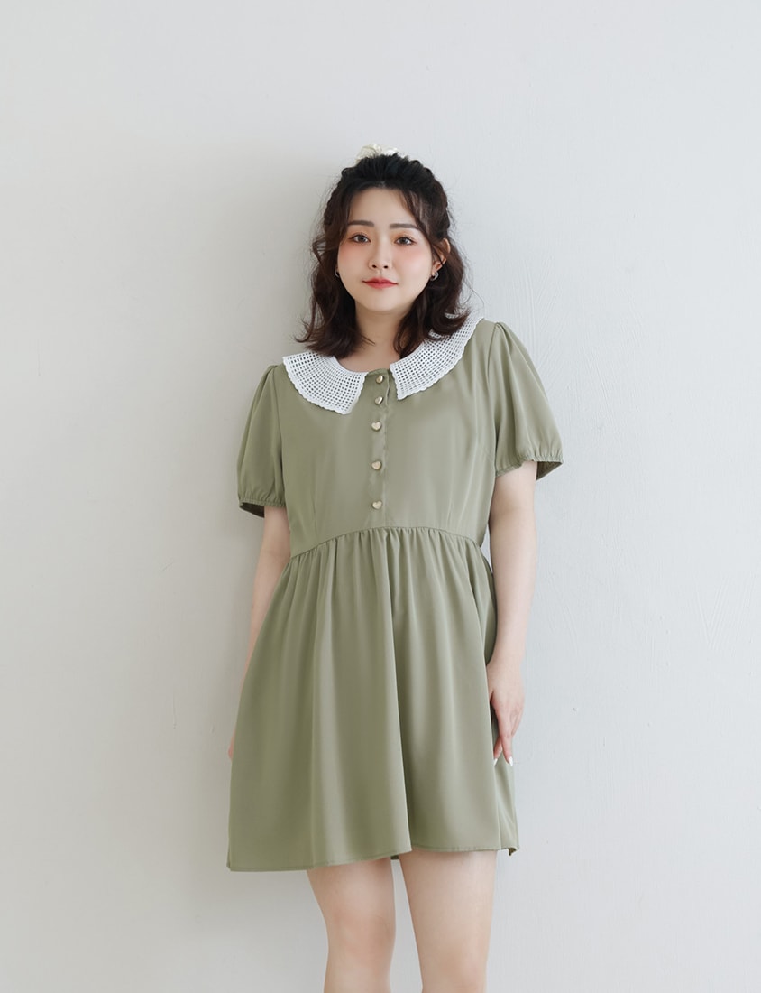 Lace Large-Collar Puff Sleeve Plus Size Mini Dress