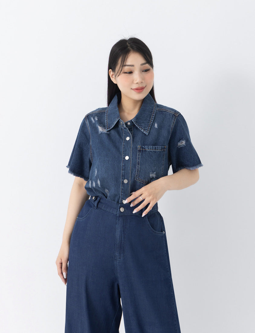 Tencel Silky Denim Distressed Plus Size Shirt Jacket