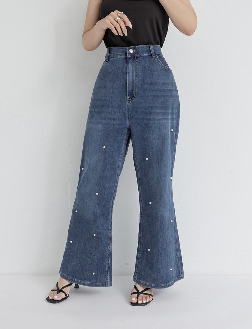 Pearl Embellished Stretch Denim Plus Size Wide Leg Pants