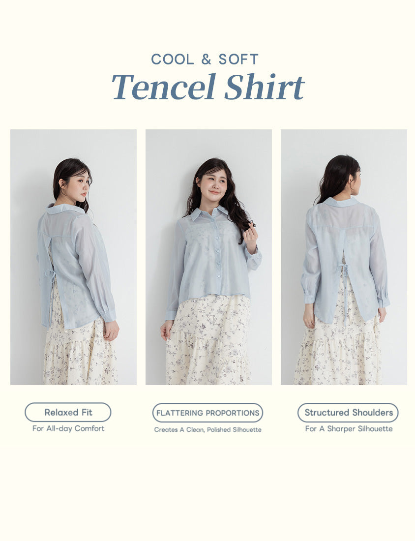 Tencel Silky Sheer Back Slit Tie-Front Plus Size Shirt