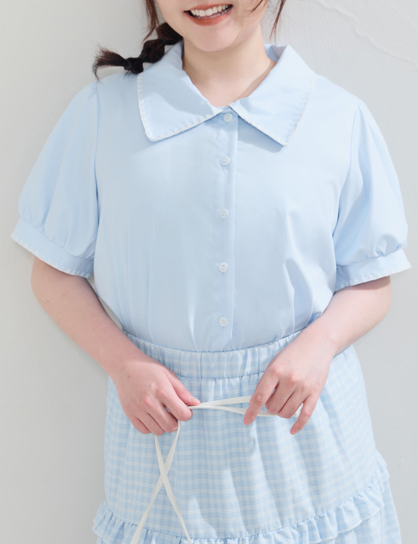 Contrast Embroidered Lace Puff Sleeve Plus Size Shirt