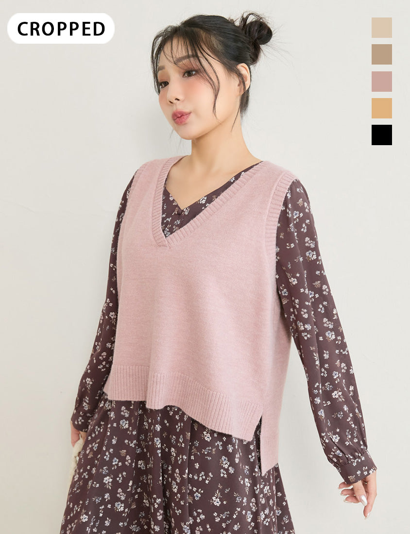 Versatile Multicolor V-Neck Cropped Plus Size Knit Vest