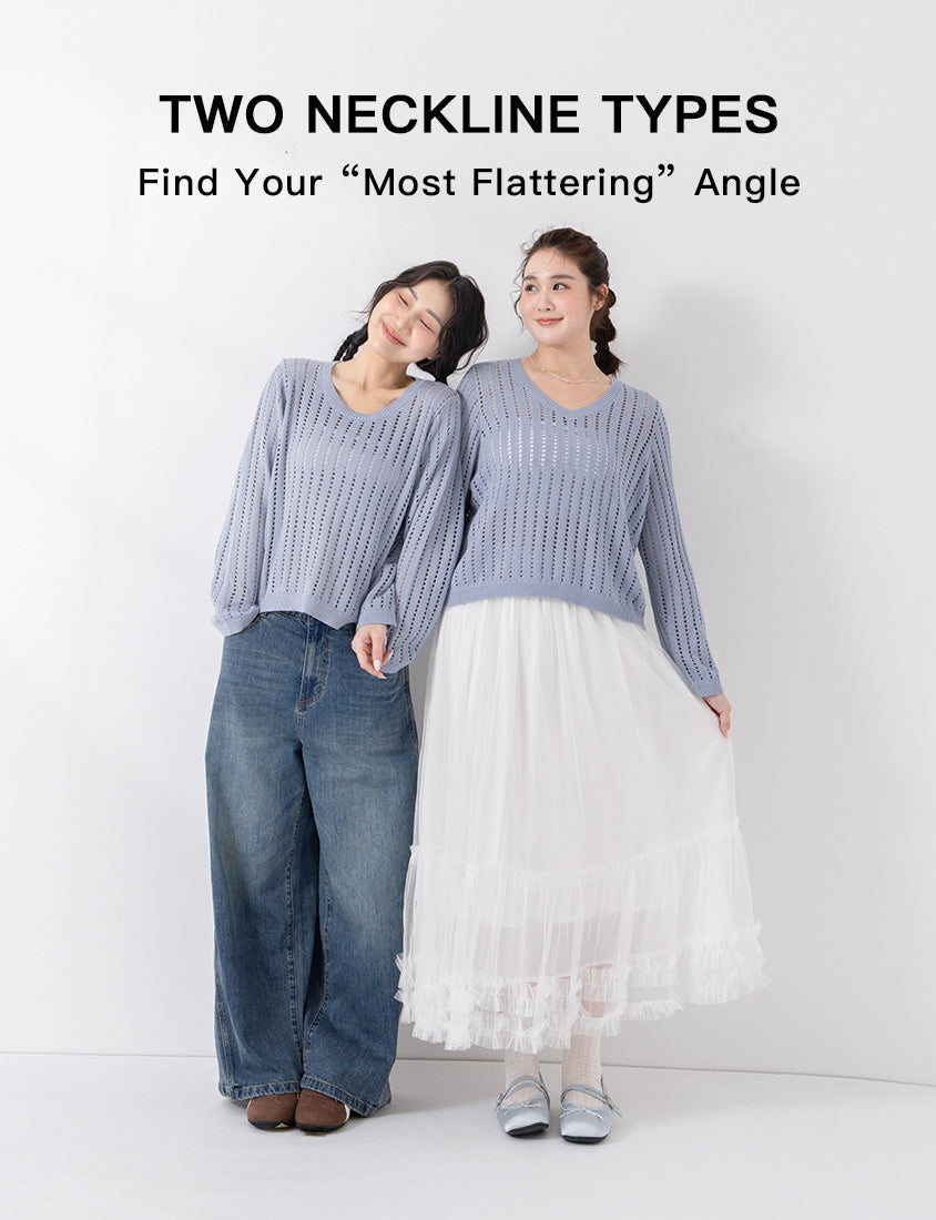 V-Neck Openwork Ribbed Knit Long Sleeve Plus Size Top