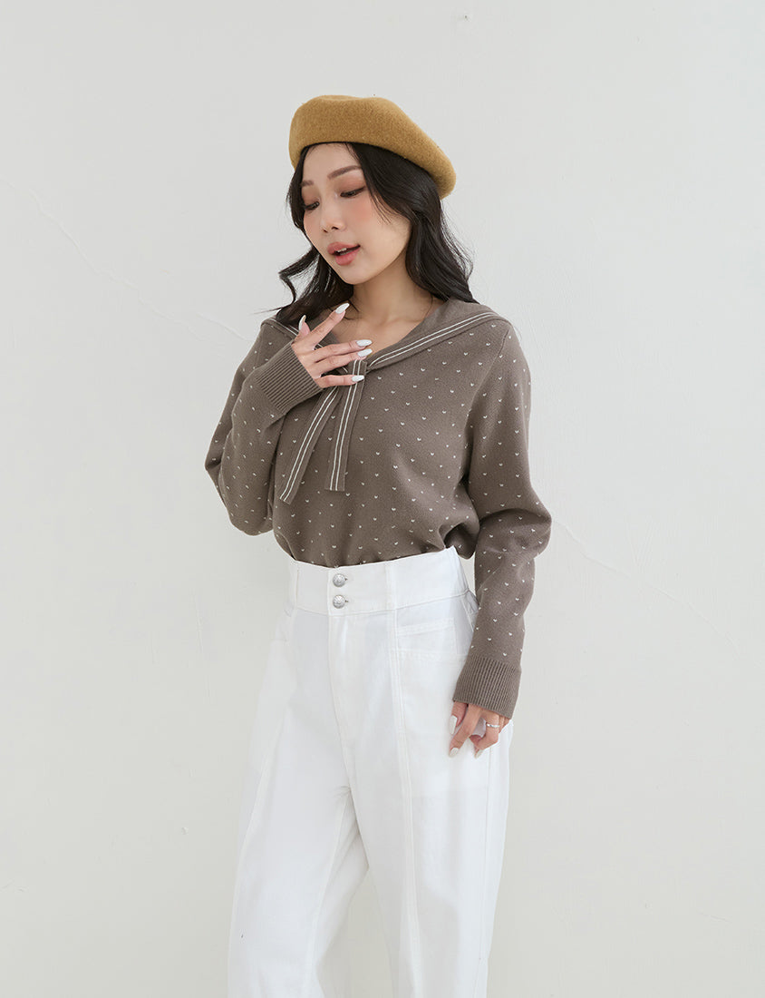 Sweet Heart Sailor Collar Long Sleeve Knit Plus SizeTop