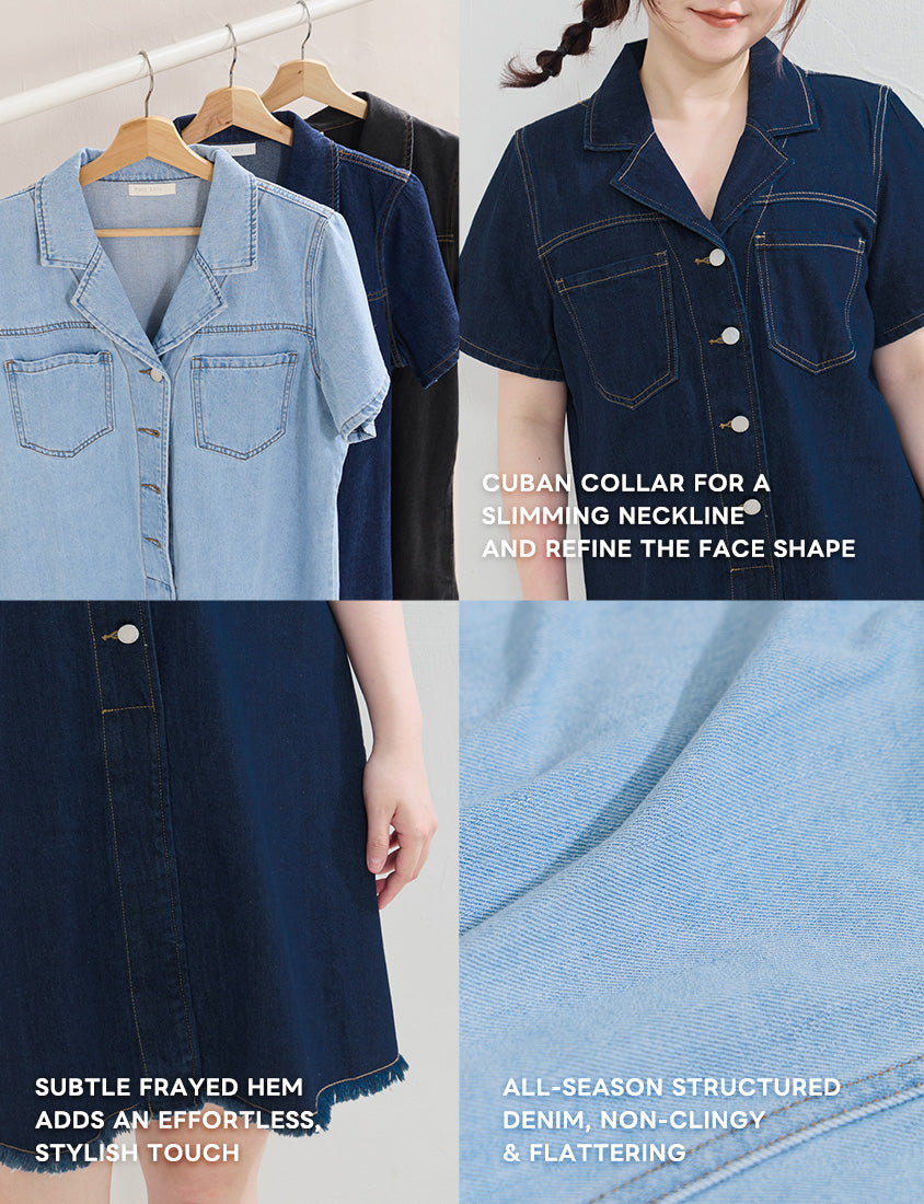 Frayed Hem Pocket Denim Plus Size Mini Dress