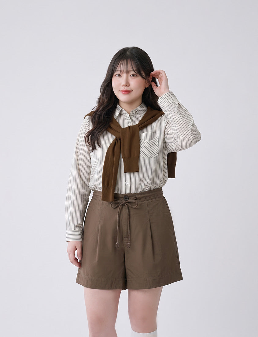 Contrast Stripe Long Sleeve Plus Size Shirt (With Shawl)