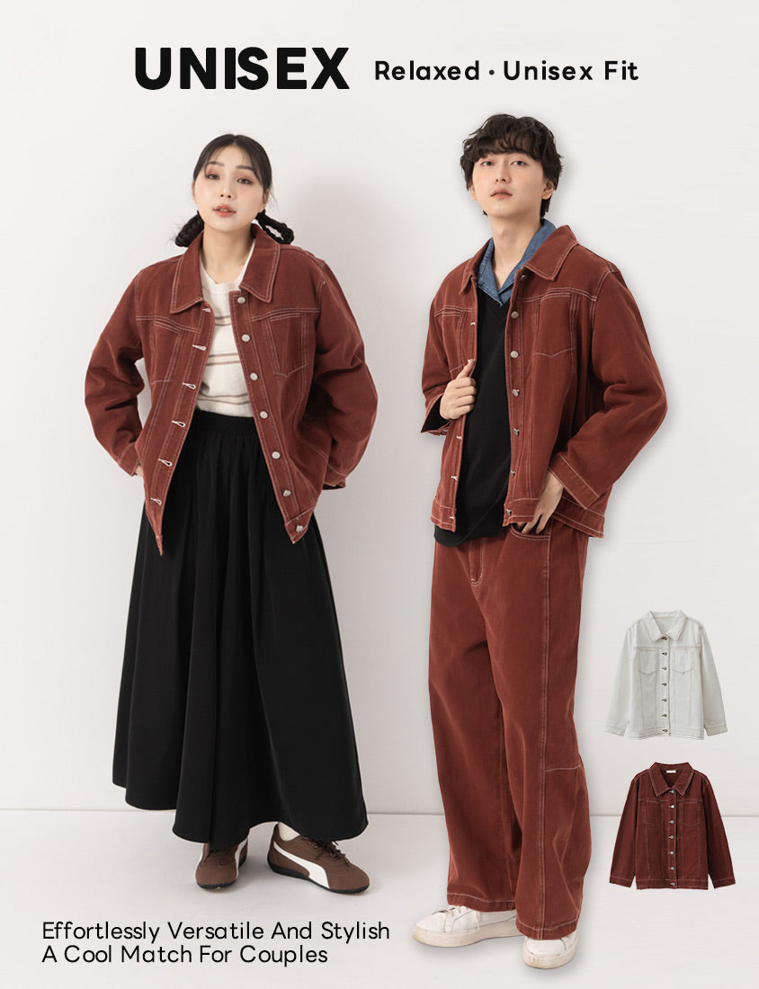 Relaxed Twill Colorblock Plus Size Topstitched Jacket (Unisex)