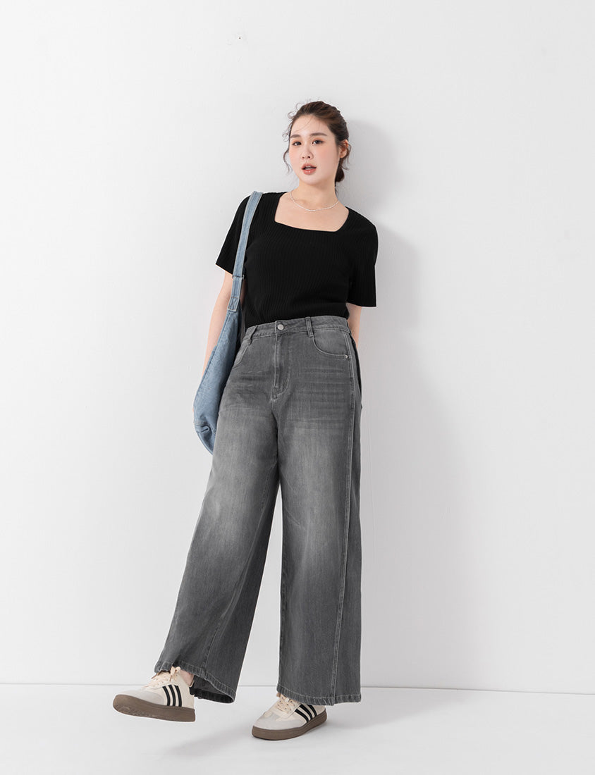 Classic Multicolor Square Neck Ribbed Knit Plus Size Top