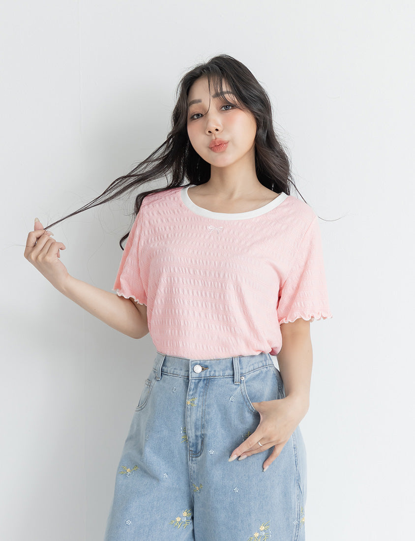 Bow Embroidery Ruffle Crinkle Plus Size Top