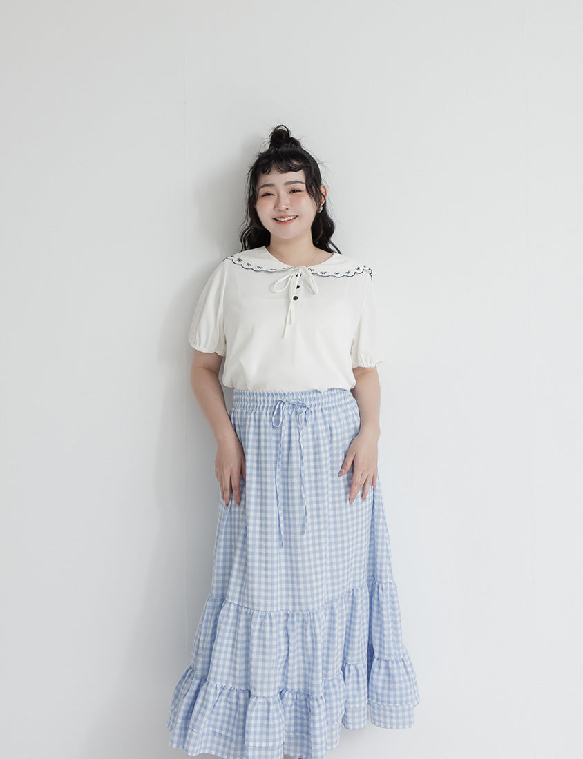 Cute Bow Embroidered Collared Plus Size Top